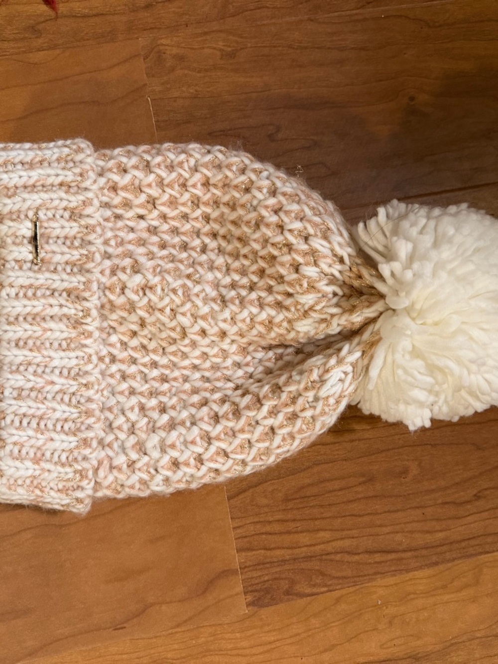 Cream and Light Tan Knit Pom Pom Beanie